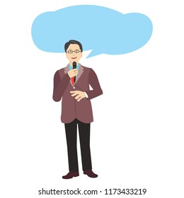 Business representative man giving speech on a microphone mic speech bubble blank empty template write your own