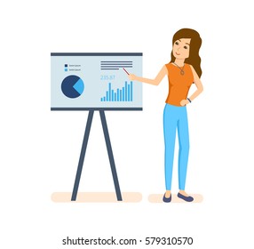 Business representative, shared information and discuss business issues with an audience of business partners and colleagues. Vector illustration. Can be used in banner, mobile app.