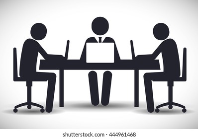 Business represented by businesspeople on table with laptop icon. flat and isolated illustration