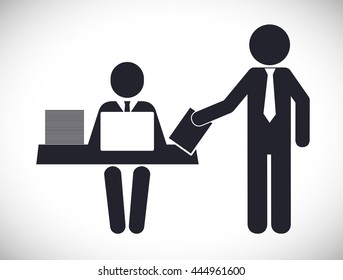 Business represented by businesspeople on table with laptop icon. flat and isolated illustration