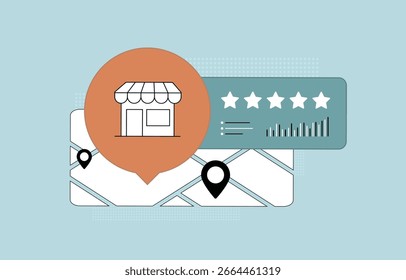 Análisis de reputación empresarial con pin de mapa local, estrellas de calificación y gráficos de rendimiento. Concepto de análisis de reputación empresarial para el Comentarios Cliente, el monitoreo de revisiones y la gestión empresarial de SEO local