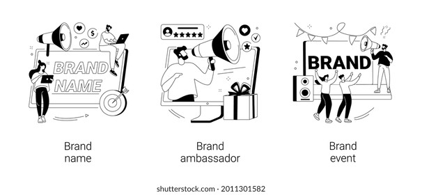 Business reputation building abstract concept vector illustration set. Brand name, brand event ambassador, naming agency, trademark media figure, public relation, sponsored event abstract metaphor.