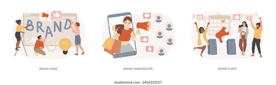 Business reputation building isolated concept vector illustration set. Brand name, brand event ambassador, naming agency, trademark media figure, public relation, sponsored event vector concept.