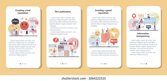 Business reputation mobile application banner set. Building relationship with people and improving customer loyalty. Idea of rating and feedback. Flat vector illustration