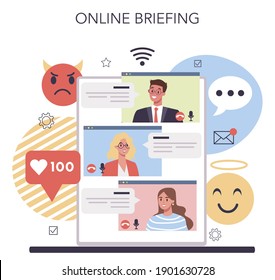 Business reputation online service or platform. Building relationship with people and improving customer loyalty. Online briefing. Flat vector illustration