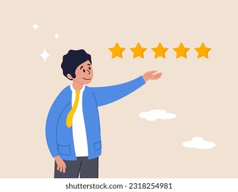 Business reputation and satisfaction concept. Customer feedback 5 stars rating, best quality, excellence high performance evaluation, positive ranking, confidence businessman giving 5 stars rating.