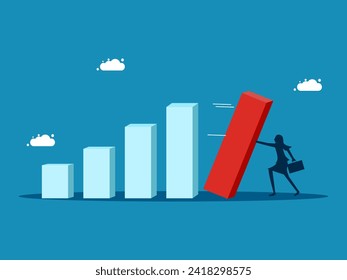 Business rescue, crisis escape. Businesswoman stops falling bar graph