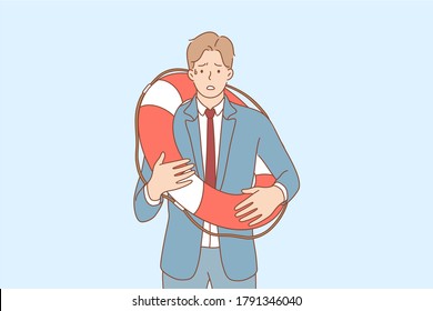 Business, rescue, shock, frustration, fear concept. Young scared frustrated stressful businessman guy clerk manager standing with lifebuoy feeling embarrassed. Financial crisis and bankruptcy saving.