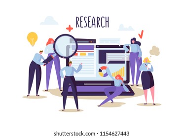 Business Research and Analysis Concept. Flat Characters People with Laptop. Teamwork Innovation Financial Strategy. Vector illustration
