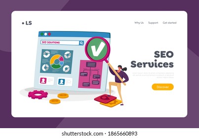 Business Research and Analysis Landing Page Template. Seo, Search Engine Optimization. Tiny Female Character with Huge Magnifier at Huge Pc with Charts, Financial Strategy. Cartoon Vector Illustration