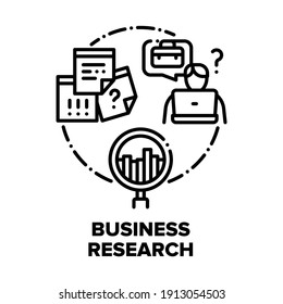 Business Research Analysis Vector Icon Concept. Manager Researching Job Market And Analyzing Profit Or Financial Infographic, Worker Pondering Project Plan Or Strategy Black Illustration