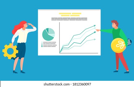 Business research and analysis vector, man and woman with cogwheel and light bulb, instrument for development of project. Improving analyzing skills