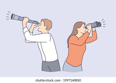 Business Research And Development Concept. Young Man And Woman Colleagues Standing Looking Through Telescope And Binoculars Vector Illustration 