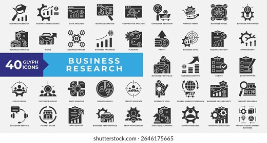 Business Research icons collection set. Containing business, research, data analysis, market trend, innovation, strategy, planning, profit, business goal and report. Simple Glyph Vector.