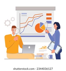 Business research illustration concept. Business people working in office planning, thinking and economic analysis.Office man and woman character vector design. 