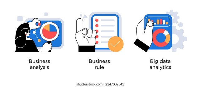 Business Research Innovations And Solutions - Set Of Concept Illustrations. Business Analysis, Business Rule, Big Data Analytics. Visual Stories Collection.