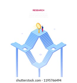 Business research - modern isometric vector web banner on white background with copy space for text. An illustration with businessman standing on the staircase, looking through a big magnifying glass