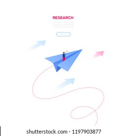 Business research - modern isometric vector web banner on white background with copy space for text. High quality illustration with businessman flying on a paper plane, looking through a binocular