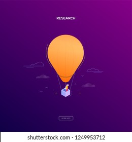 Business research - modern isometric vector web banner on dark purple background. High quality illustration with businessman, manager flying on a hot air balloon, looking into the distance, dreaming