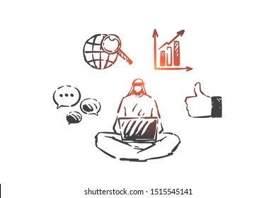 Business research, multitasking concept sketch. Hand drawn isolated vector