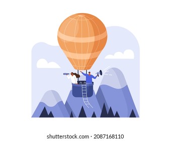 Business research scene. Characters flying on air balloon and searching new ideas, opportunity or team employee. Searching, hiring and exploration concept. Vector illustration.