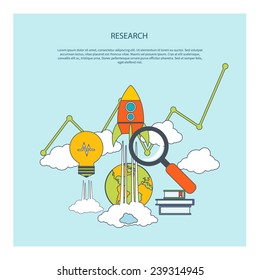 Business research start up idea template. Start up rocket idea. New business project start up, launching new product or service in flat design