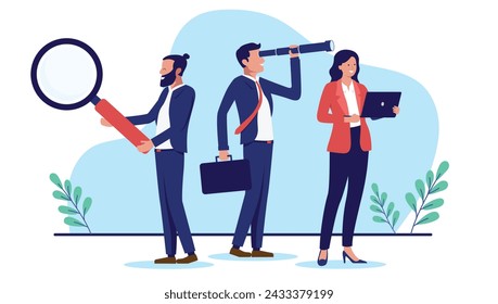 Equipo de investigación empresarial - Grupo de tres empresarios con lupa, binocular y computadora en busca de oportunidades juntos. Ilustración vectorial de diseño plano con fondo blanco