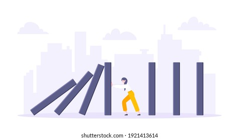 Business resilience domino effect metaphor vector illustration concept. Adult young businesswoman pushing falling domino line business concept of problem solving and stopping chain reaction.