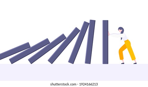 Business resilience or domino effect metaphor vector illustration concept. Adult young businesswoman pushing falling domino line business concept of problem solving and stopping chain reaction.