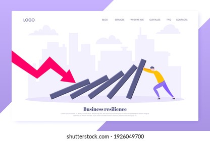 Business resilience or domino effect metaphor vector illustration website concept. Adult young businessman pushing falling domino line business concept of problem solving and stopping chain reaction