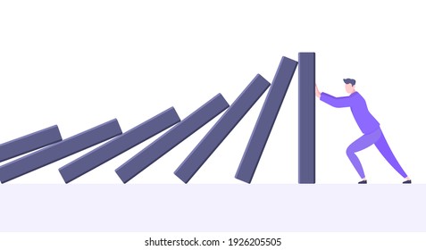 Business resilience or domino effect metaphor vector illustration concept. Adult young businessman pushing falling domino line business concept of problem solving and stopping chain reaction.