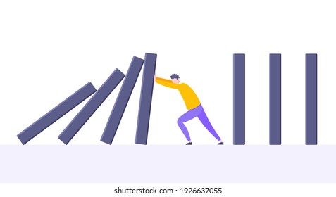 Business resilience or domino effect metaphor vector illustration concept. Adult young businessman pushing falling domino line business concept of problem solving and stopping chain reaction.