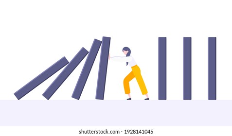 Business resilience or domino effect metaphor vector illustration concept. Adult young businesswoman pushing falling domino line business concept of problem solving and stopping chain reaction.