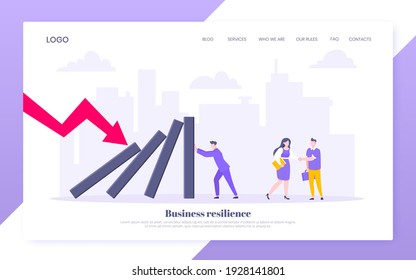 Business resilience or domino effect metaphor vector illustration website concept. Adult young businessman pushing falling domino line business concept of problem solving and stopping chain reaction
