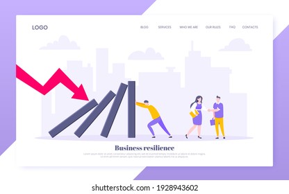 Business resilience or domino effect metaphor vector illustration website concept. Adult young businessman pushing falling domino line business concept of problem solving and stopping chain reaction