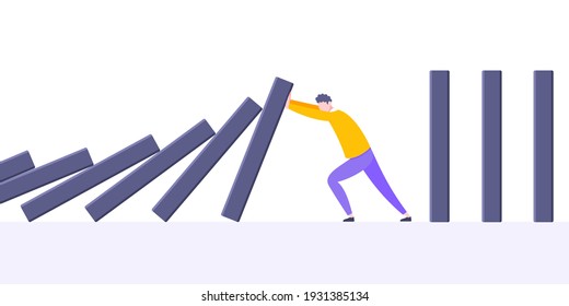 Business resilience or domino effect metaphor vector illustration concept. Adult young businessman pushing falling domino line business concept of problem solving and stopping chain reaction.