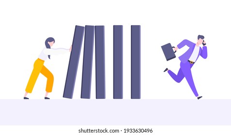 Business resilience or domino effect metaphor vector illustration concept. Adult young businesswoman pushing falling domino line business concept of problem solving and stopping chain reaction.