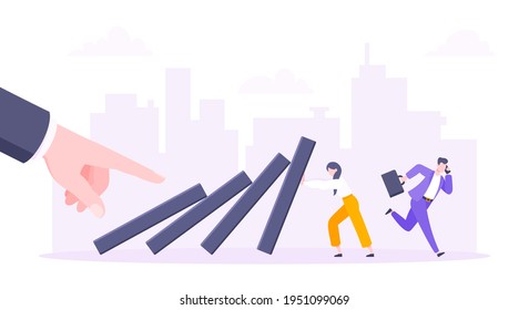 Business resilience or domino effect metaphor vector illustration. Giant hand starts chain reaction of falling domino line and businesswoman trying to stop it. Problem solving stopping chain reaction.