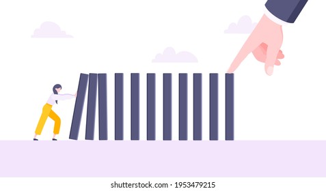 Business resilience or domino effect metaphor vector illustration concept. Adult young businesswoman pushing falling domino line business concept of problem solving and hand stopping chain reaction.