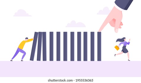 Business resilience or domino effect metaphor vector illustration concept. Adult young businessman pushing falling domino line business concept of problem solving and hand stopping chain reaction.