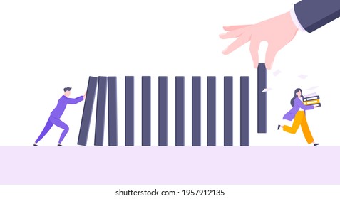 Business resilience or domino effect metaphor vector illustration concept. Adult young businessman pushing falling domino line business concept of problem solving and hand stopping chain reaction.