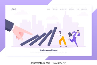 Business Resilience Or Domino Effect Metaphor Vector Illustration. Giant Hand Starts Chain Reaction Of Falling Domino Line And Businesswoman Trying To Stop It. Problem Solving Stopping Chain Reaction.