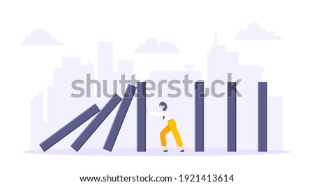 Business resilience domino effect metaphor vector illustration concept. Adult young businesswoman pushing falling domino line business concept of problem solving and stopping chain reaction.