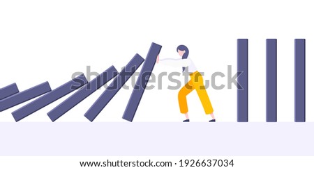 Business resilience or domino effect metaphor vector illustration concept. Adult young businesswoman pushing falling domino line business concept of problem solving and stopping chain reaction.