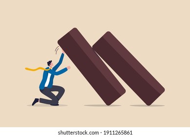 Business resilience, flexibility working to survive and stand back in economic crisis, endurance and adaptability in business to success concept, confident strong businessman push back falling dominos