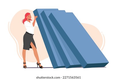 Business Resilience, Risk Management, Business Protection Concept. Successful Positive Businesswoman Avoiding Dominoes Effect during Economic Crisis Impact on Company. Cartoon Vector Illustration