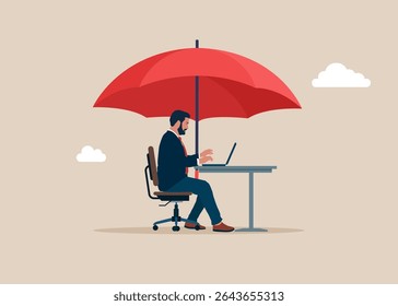 Business resilient to survive difficulty. Protection, safety, protection Idea. Businessman with laptop works under an umbrella and gets more protection. Flat vector illustration