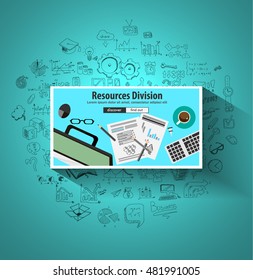 Business Resources Division concept  with Doodle design style :people inteview, skill testing, clear selection. Modern style illustration for web banners, brochure and flyers.