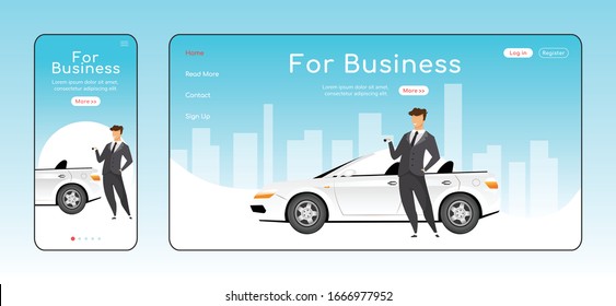 Für geschäftsfreundliche Landing Page flache Vektorillustration Vorlage. Autovermietung Homepage Layout. Eine Seite Website-UI mit Cartoon-Charakter. Plattformübergreifendes, anpassungsfähiges Webseitendesign für den Unternehmenstransport