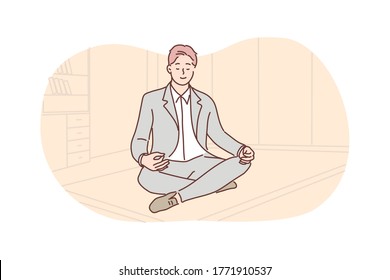 Business, rest, meditation, yoga, relaxation concept. Young calm smiling businessman clerk manager sitting in lotus pose in office. Break during working hours and body health benefits thought process.